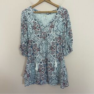 L* Space White Blue Red Floral Paisley Tiered Mini Dress Size Medium